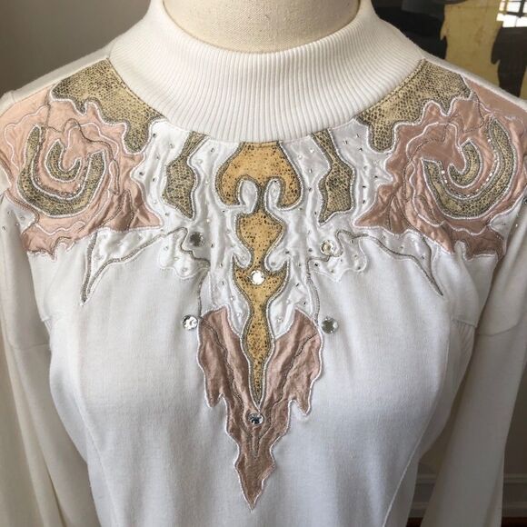 Vintage 80s 90s Mock Neck Appliqué Bling Top L - Picture 6 of 11